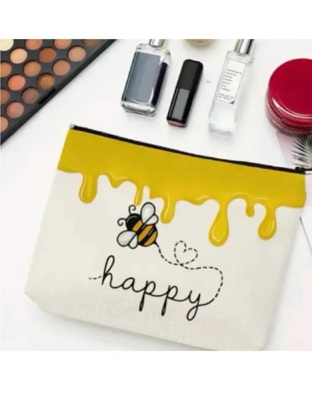 Bee 'Happy' Canvas Zipper Pouch - Yellow & White